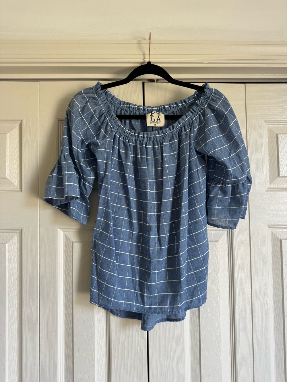 PPLA Clothing Off the Shoulder Top Blue Plaid Size Medium